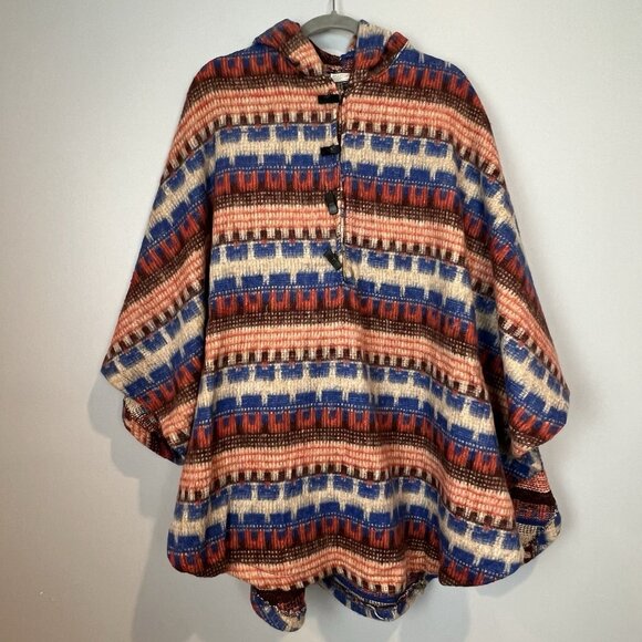 Vintage Poncho Hooded Wool Blend Inside Pockets One Size Southwestern Aztec